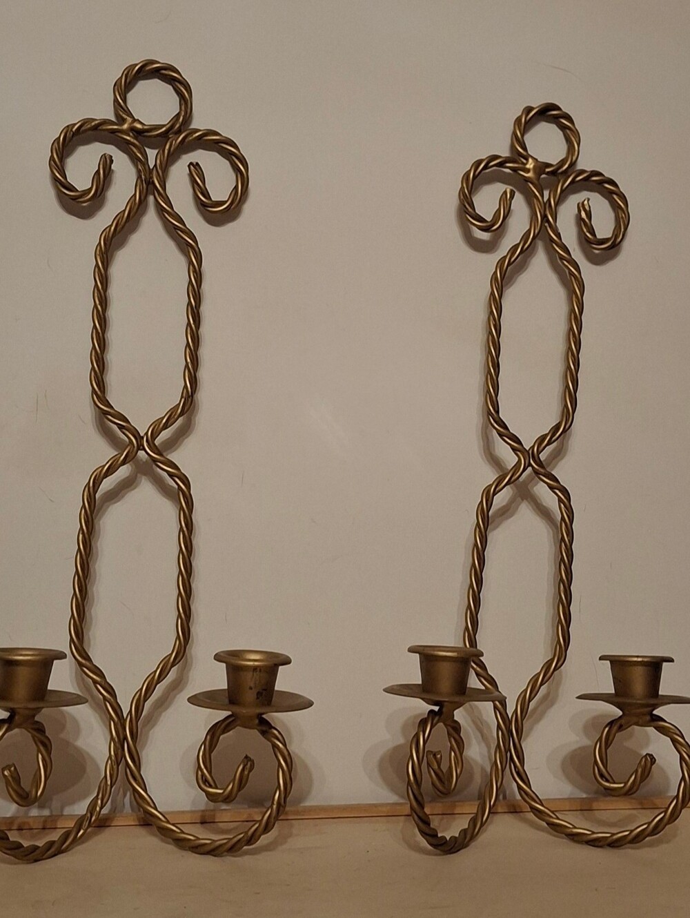 Vintage Homco Gold Twisted Wire Double Candle Wall Sconces - Set of 2 (MCM)